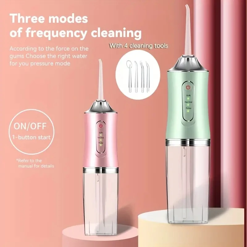 Dental Floss, Portable Cordless Oral Irrigator Cleaning 3 Modes, Waterproof Rechargeable Dental Cleaner, with 4 Nozzles