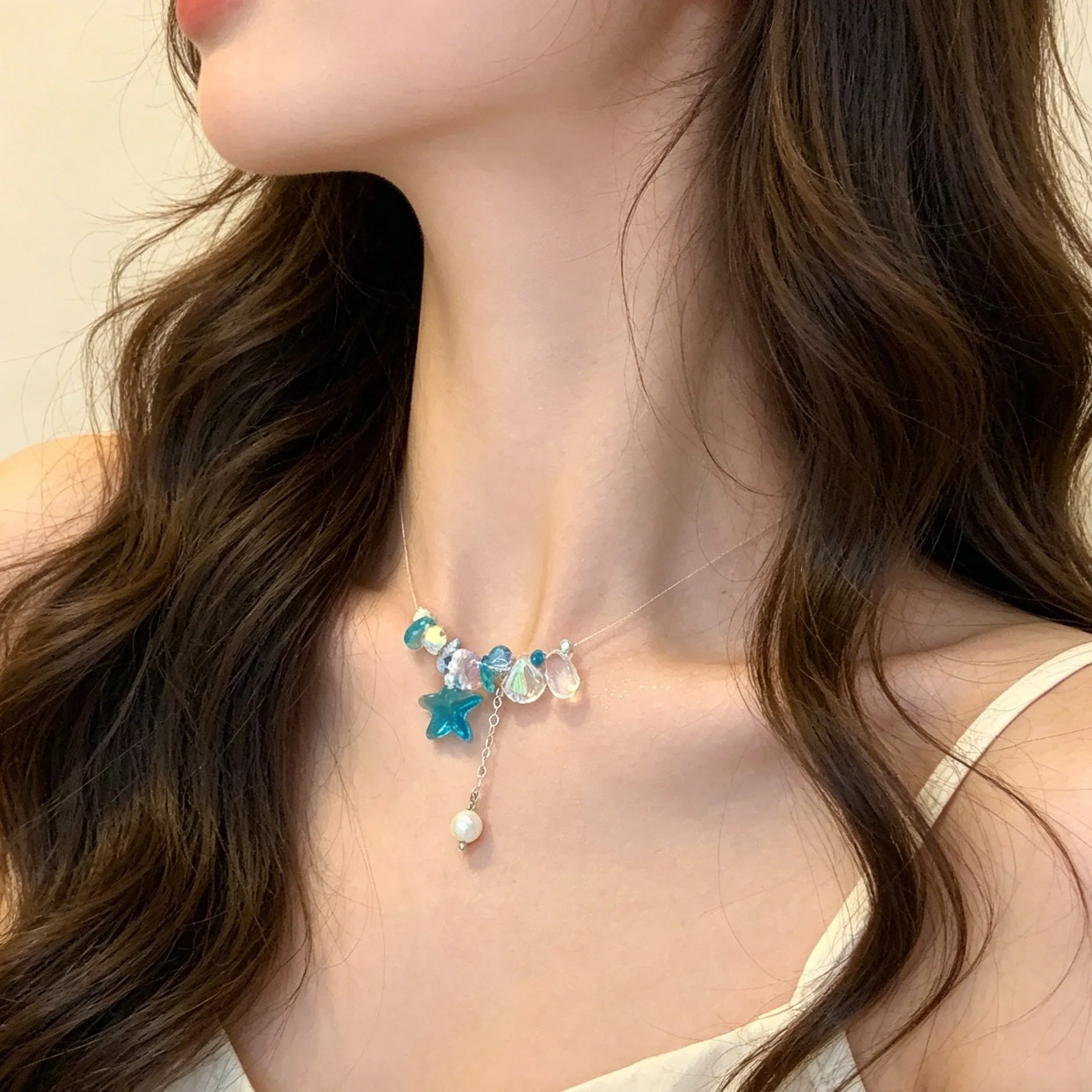 Choker Necklace with Starfish Shell Beads Pearl Clear Fishing Line Summer Seaside Vacation Refined Design for Women