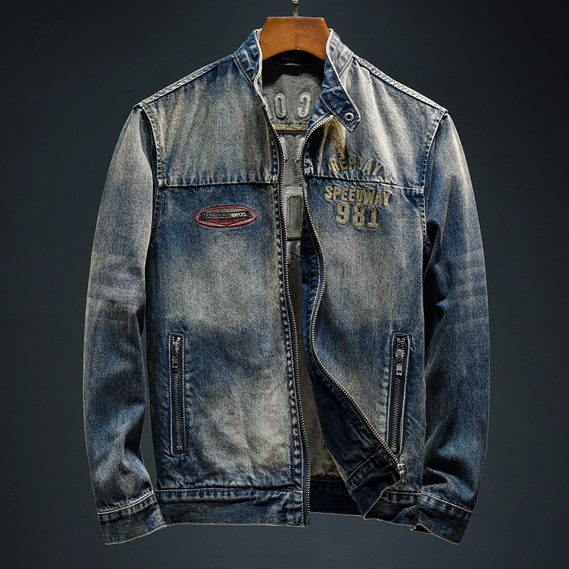 

High-end fashion letters embroidered stand collar denim coat for men 2024fall men's clothing slim-fit retro fashion denim jacket