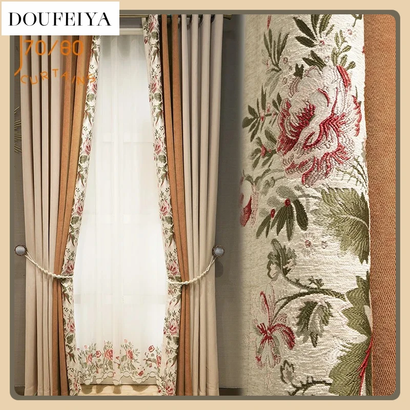 Jacquard Chenille Thickened Milk Tea Color Patchwork Curtains for Living Room Bedroom Shading and Bay Windows Retro Print Tulle