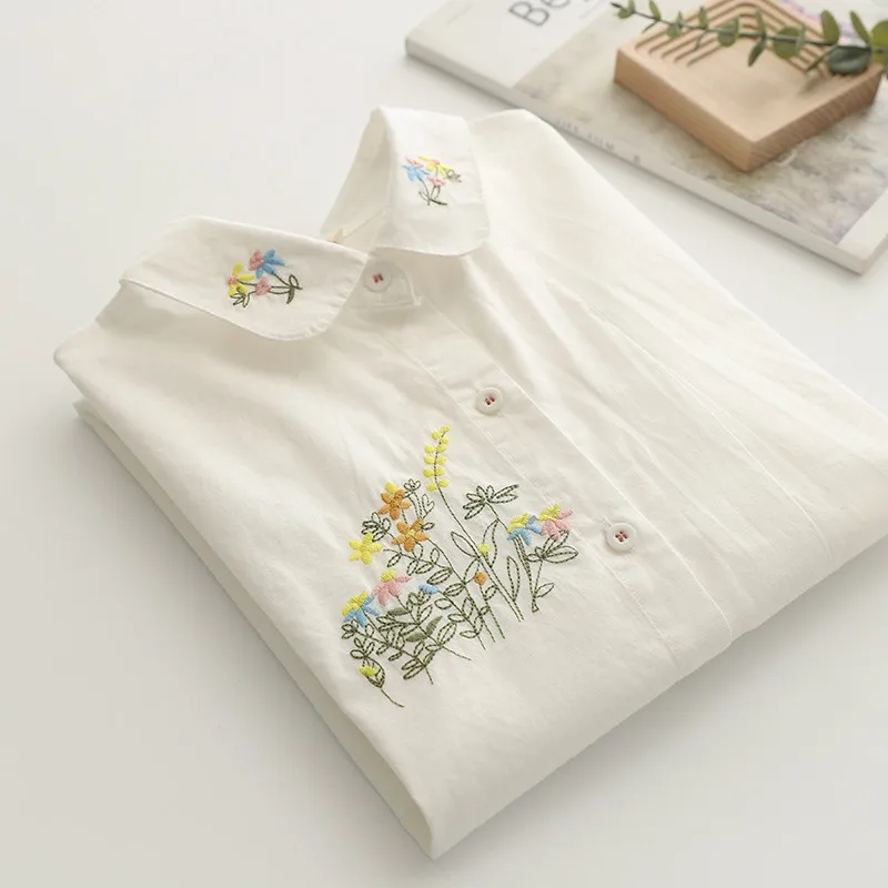 

Autumn Women's Clothing 100% Cotton Art Style Flower Embroidered White Shirts and Blouses for Women Tops Lady Clothes