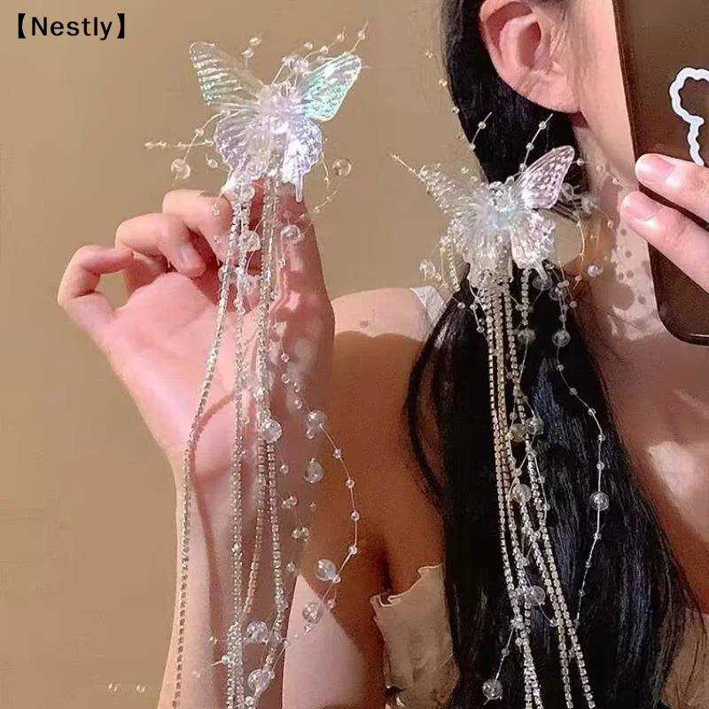 Long Butterfly Beaded Tassel Hair Clip For Women Fairy Temperament Sweet Princess Hairpin Fashion  Hair Accessories〔Nest〕