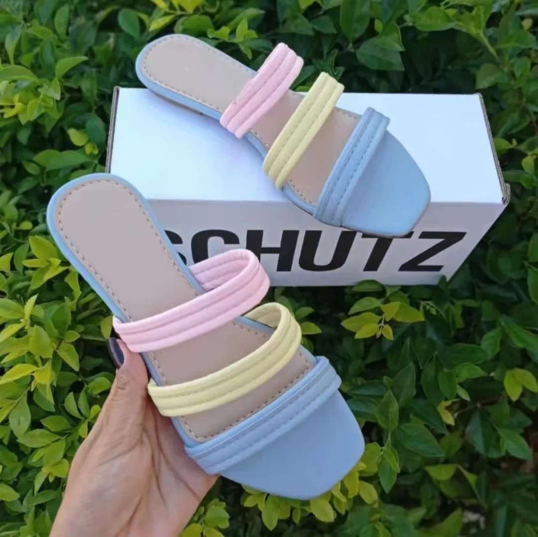 Shoes Woman 2024 Rubber Flip Flops Slippers Flat Luxury Slides Low Multicolored Sandals Shale Female Beach Pantofle Square Toe H