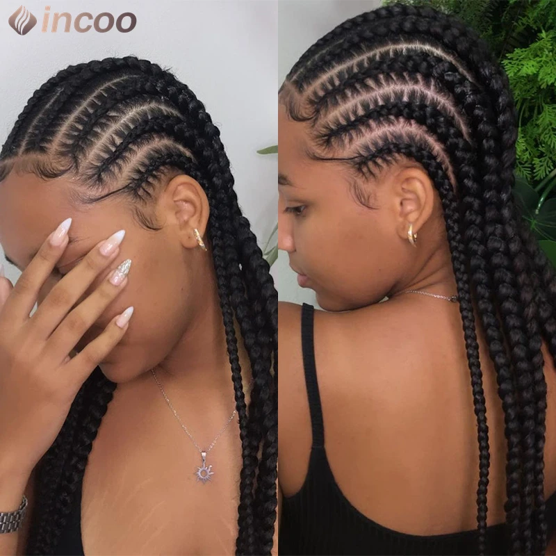 Perucas sintéticas de renda completa para mulheres negras, perucas trançadas, peruca de tranças de caixa sem nó, renda frontal, faux locs, 36"