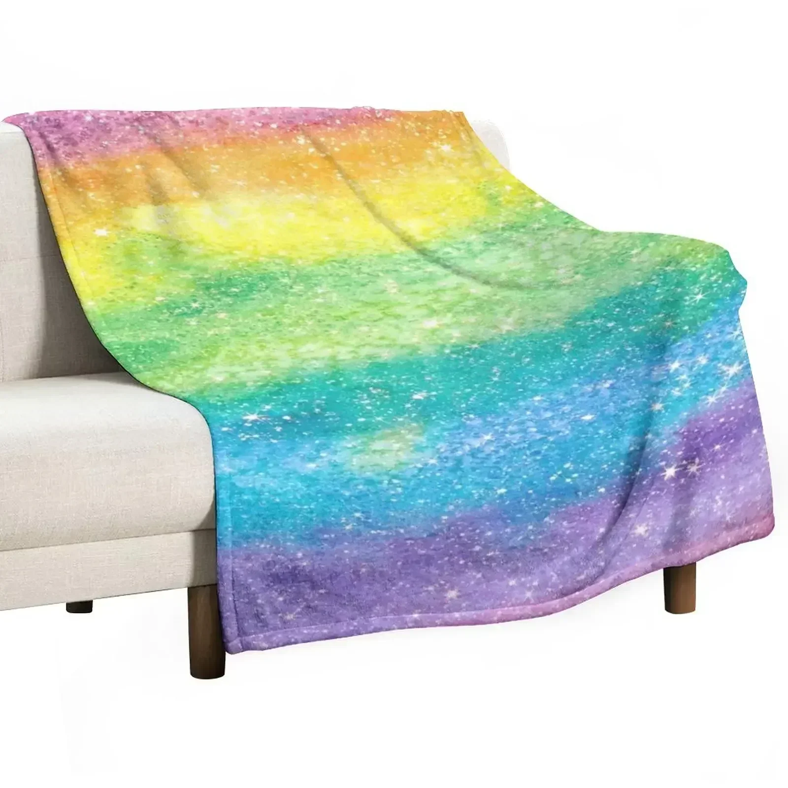 Glitter Rainbow Throw Blanket Fuzzy Plush Throw Blanket for Sofa Chair