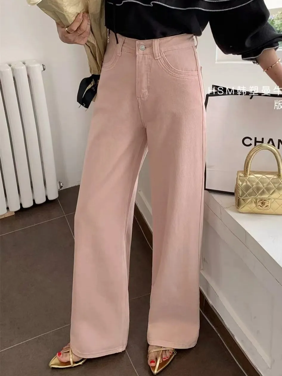 ZHISILAO New High Quality Pink Jeans Women Vintage Wide Leg High Waist Full Length Denim Pants Spring Summer 2024