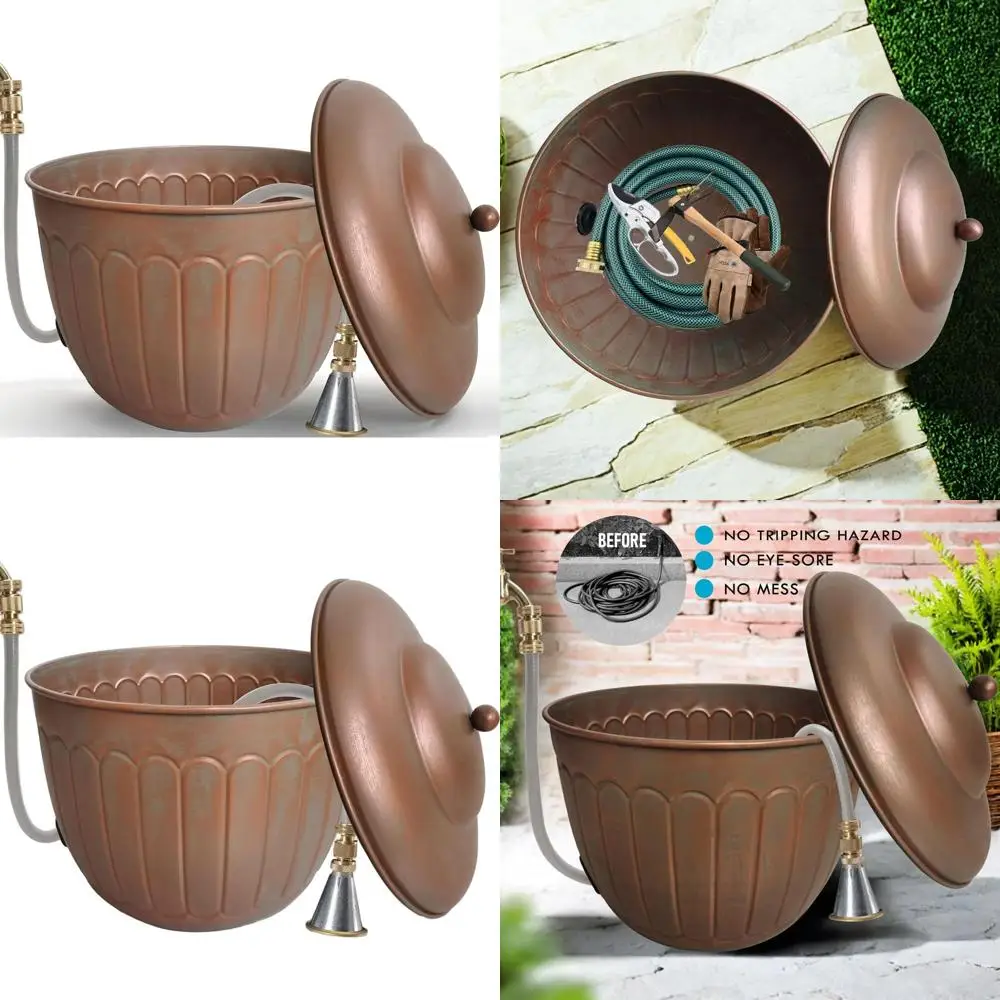 

Декоративный металлический горшок для шланга для сада, портативное хранилище для патио, вмещает шланги длиной 100 футов — античная медная отделка
