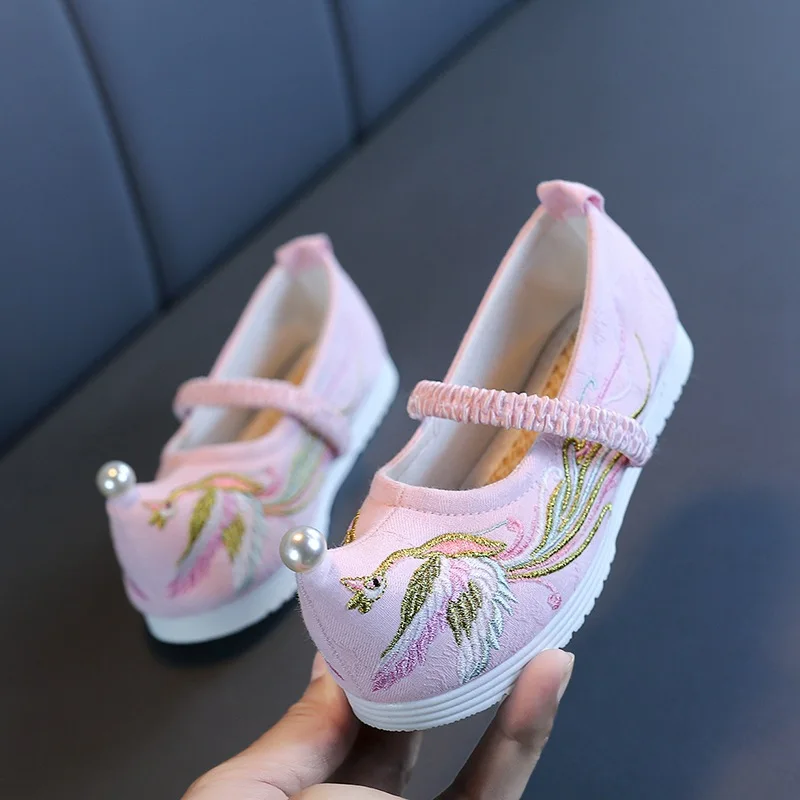 Chinese Hanfu Baby Girls Dance Shoes Vintage Retro Birds Embroidery Pearl Flats Kids Shoes Cotton Stage Shoes Children