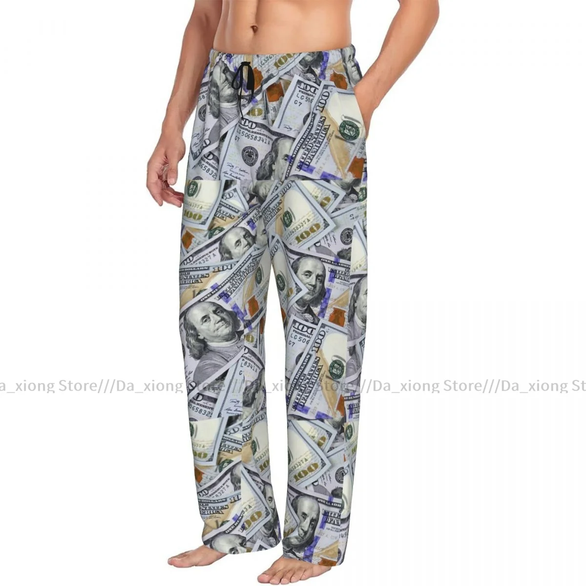 Mens Casual Pajama Long Pant Loose Elastic Waistband Hundred Dollar Bill Cozy Sleepwear Home Lounge Pants