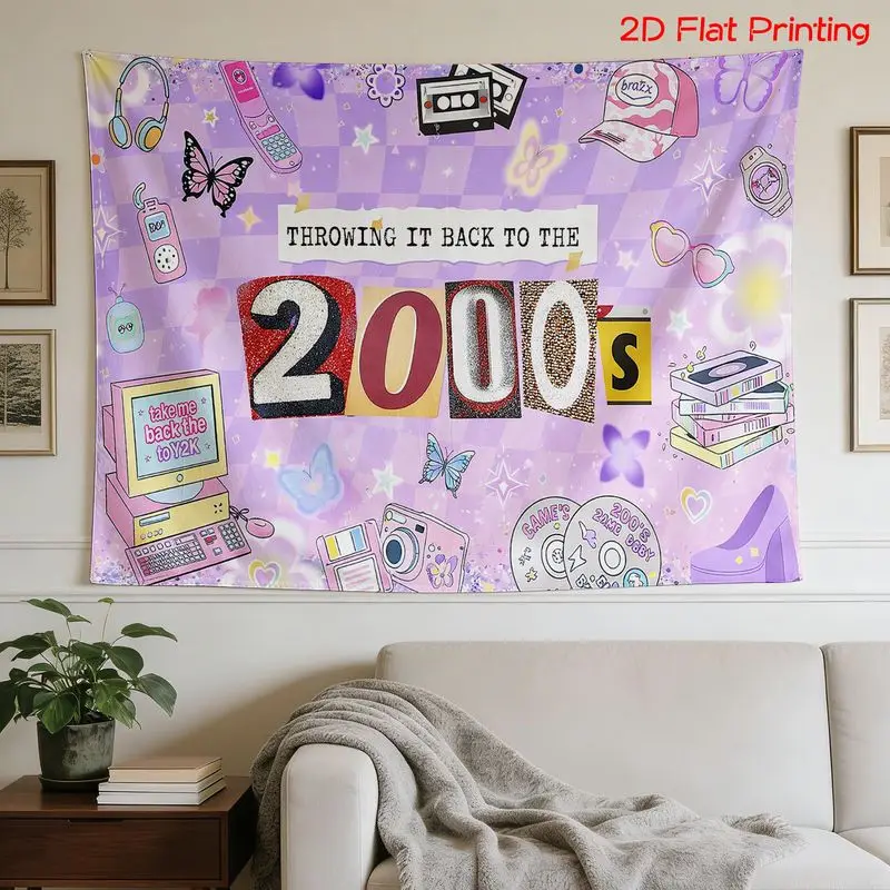 Vintage 2000s Tapestry, Nostalgic Millennium Era Elements Wall Hanging, Y2K Aesthetic Decor for Bedroom and Party Backdrop