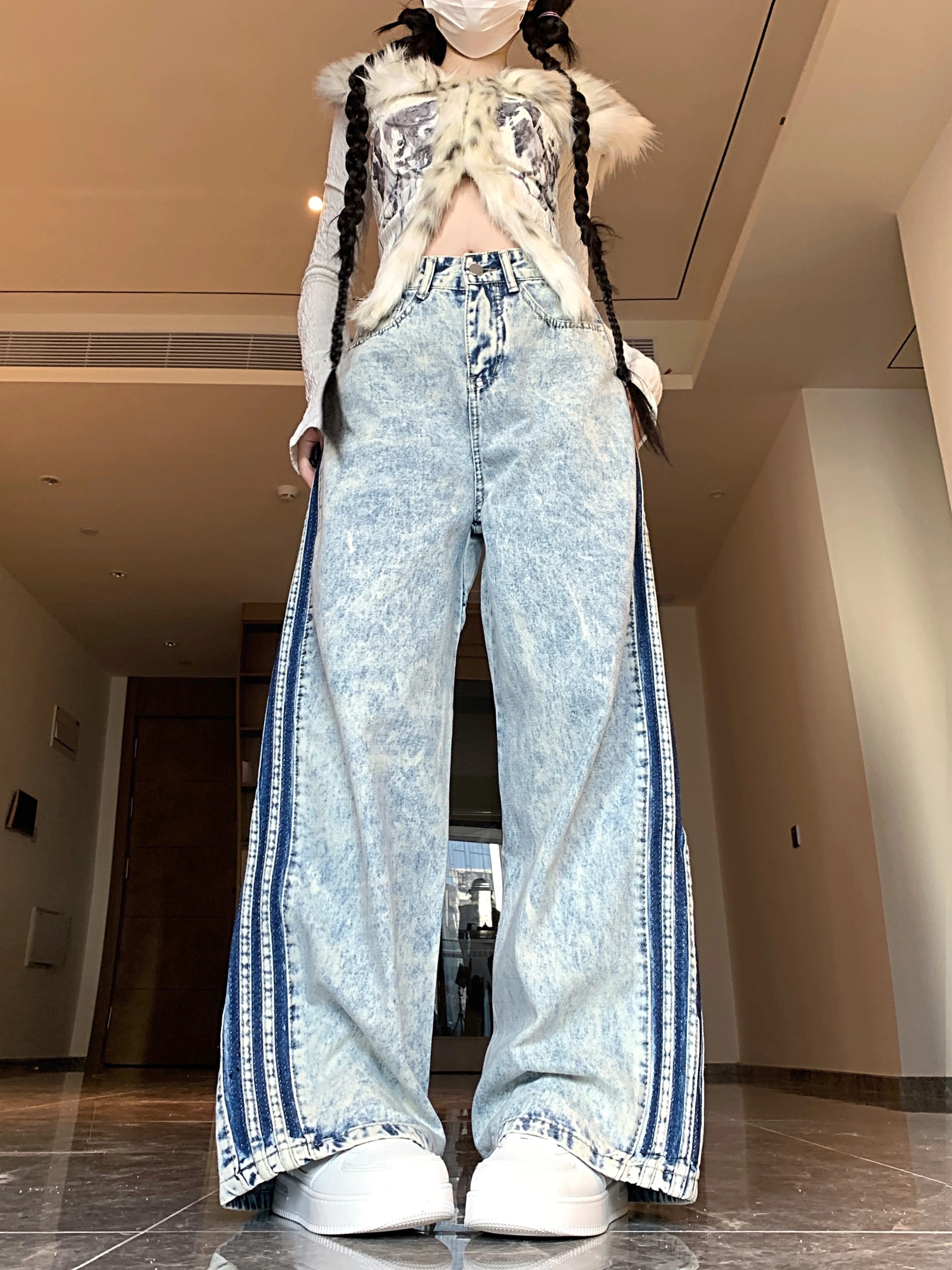 

Women's Light Blue Striped Side Pipe Jeans Y2k Retro High Waist Harajuku Korean 2000s Fashion Loose Straight Wide-Leg Jeans Ins