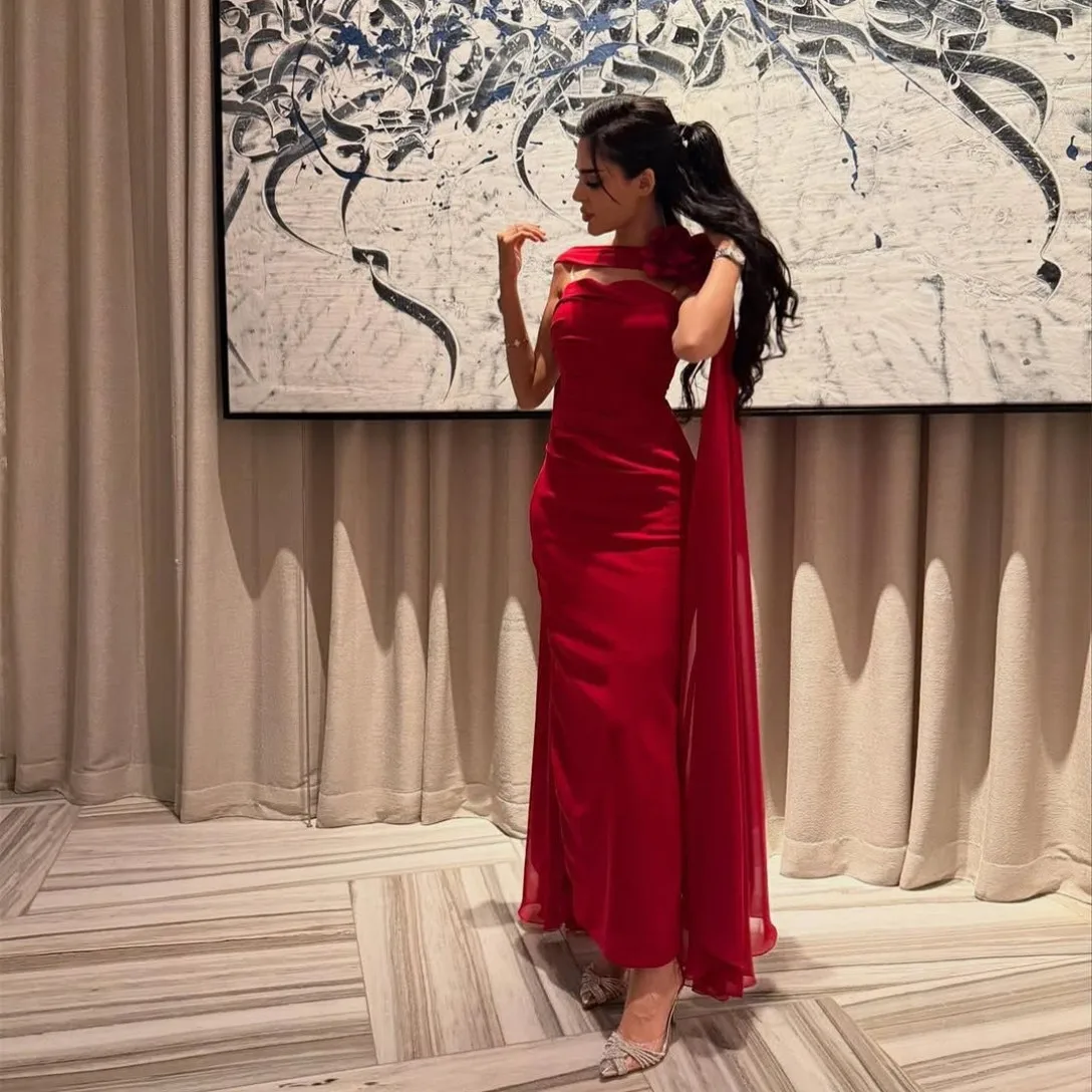 

Customized Long Red Evening Dresses with Slit/Flower Mermaid Sleeveless Pleated حزب اللباس Ankle Length Prom Dresses for Women