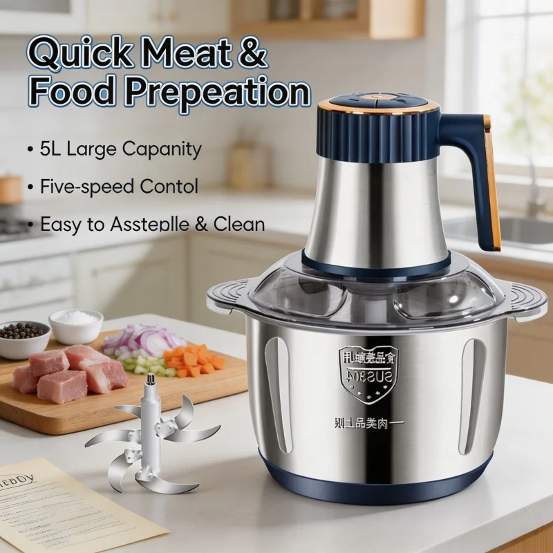 304 Stainless Steel 5L Electric Meat Grinder Multifunctional Food Crusher Vegetable Slicer Chopper Mincer Baby Food Processor