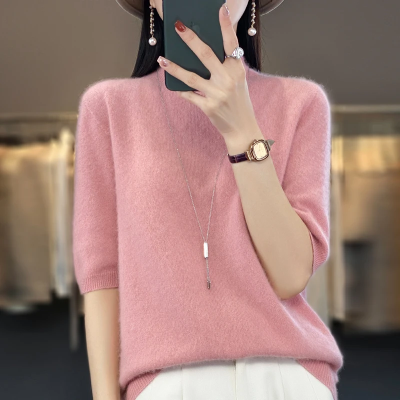 Spring and Autumn Joker Half Sleeve Knitted Sweater Women\'s 100% Pure Wool Short Sleeve Knitted Thin Semi-high Collar Bottom Shi