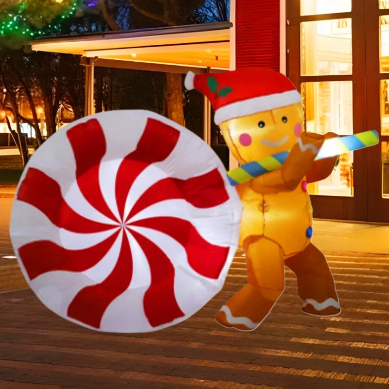 5FT Decorazione gonfiabile di Natale Giocattolo Caramelle Gingerbread Man Luci a LED integrate Giardino esterno Festival Scena di feste Decorazioni natalizie