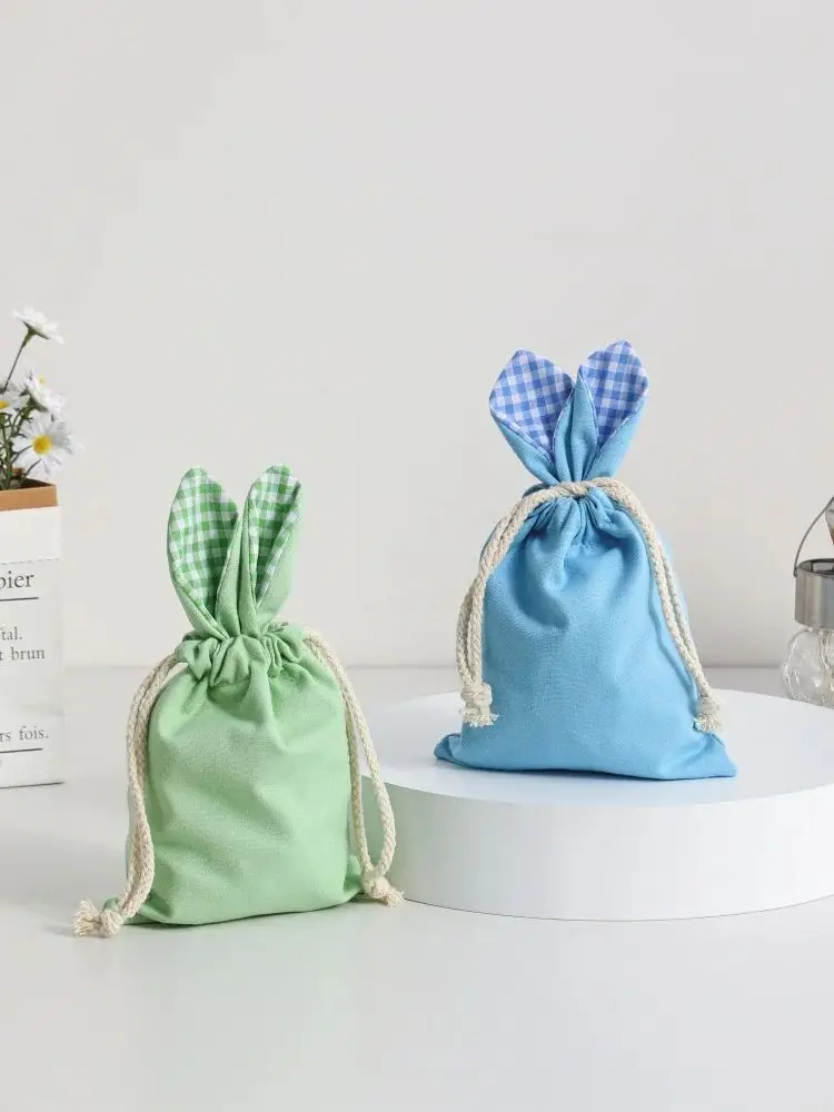 4 stücke Ostern Süßigkeiten Geschenk Taschen Für Kinder Leinwand Hase Gingham Ostern Leckereien Taschen Ei Jagd Kordelzug Mini Lagerung Taschen frühling Party – Detail 2