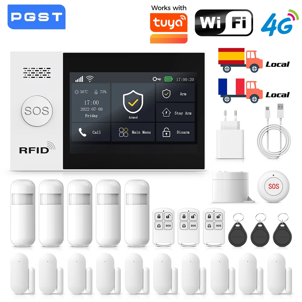 PGST Sistema de Alarma de Seguridad Residencial Inalámbrico Compatible con Tuya GSM 4G WiFi Hogar Inteligente 433MHz Control por App Compatible con Alexa