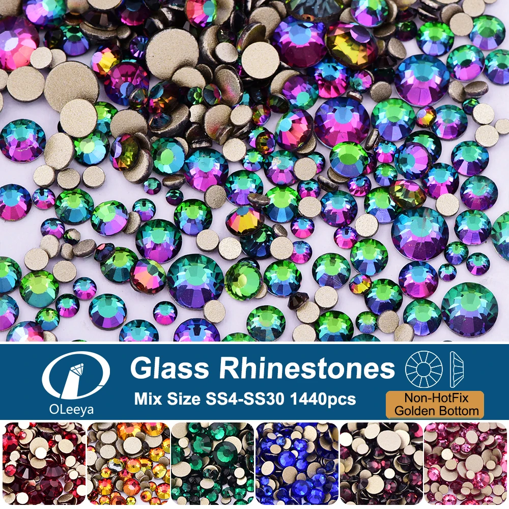 Oleeya SS4-SS30 1440 Mix Size Crystal Non-Hotfix Gold FlatBac Rhinestones Decorations DIY Glitter Stones 3D Nail Art Accessories