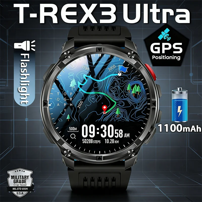 

2026 New T-Rex3 Ultra Outdoor Sport GPS Track Smart Watch Men Compass 1100mAh Battery IP69K Waterproof Bluetooth Call Smartwatch
