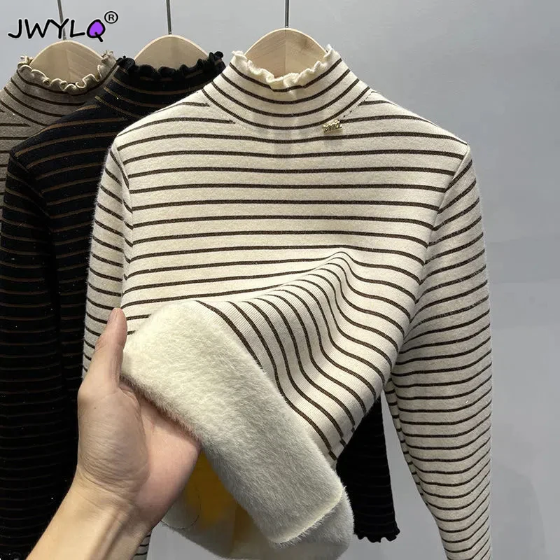 Winter Thicken Striped Plus Velvet Turtleneck Sweater Women\'s Slim Warm Soft Knit Pullover Fleece Lined Bottoming Jumper Tops