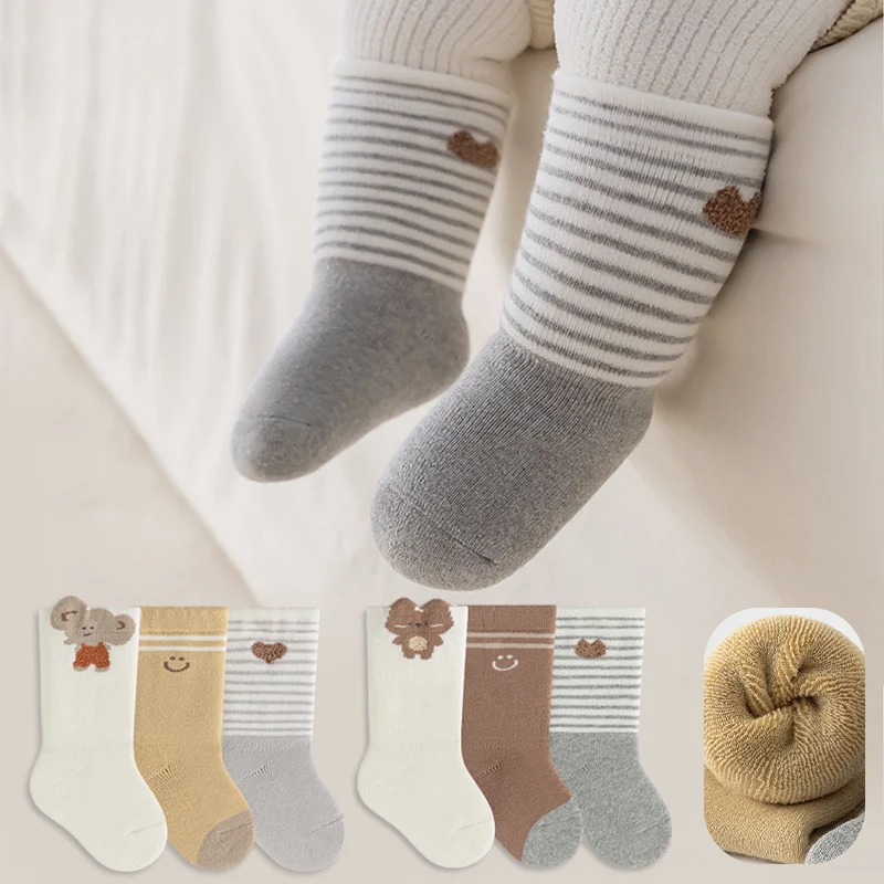 3 Pairs Cute Cartoon Baby Socks Soft Cotton Striped Infant Socks Winter Warm Socks for Newborn Boys Girls Accessories