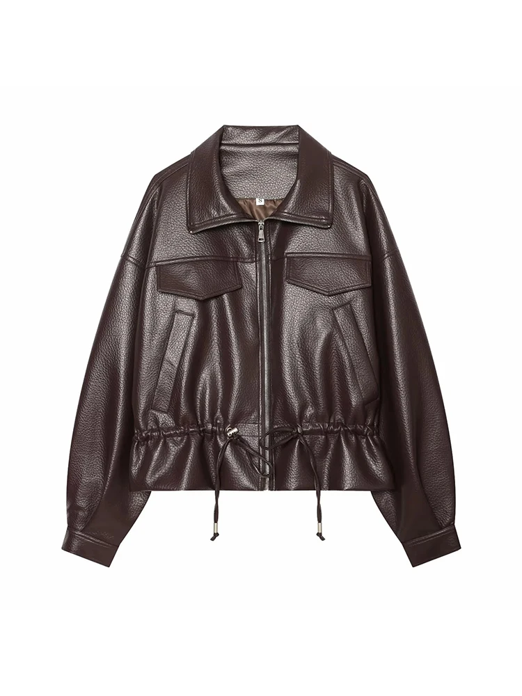 Women Faux Leather Lapel Collar Jacket Vintage Women  Long Sleeve With Pockets Zipper Coats Casual Fashion Female Outerwear