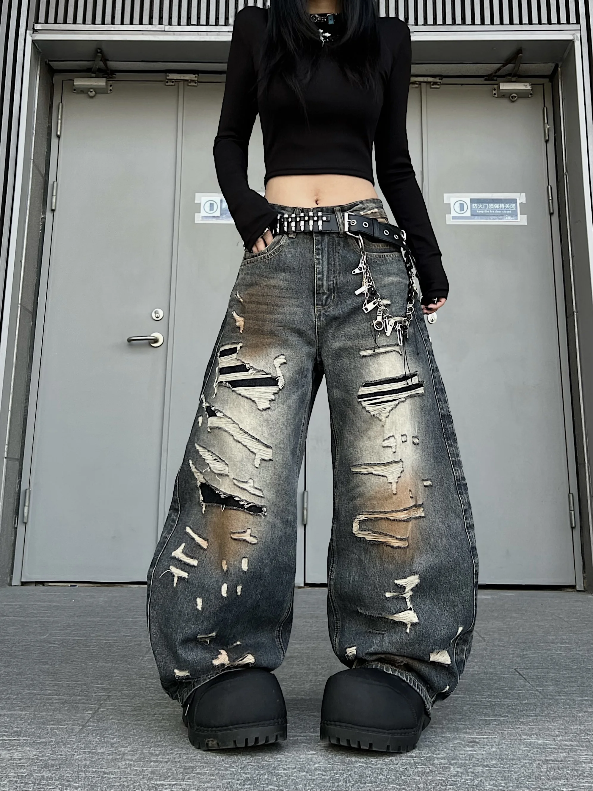 

Street Style Washed Ripped Knife Jeans Loose Wide Leg Pants Casual Comfortable Blue Denim Trousers for Young Men