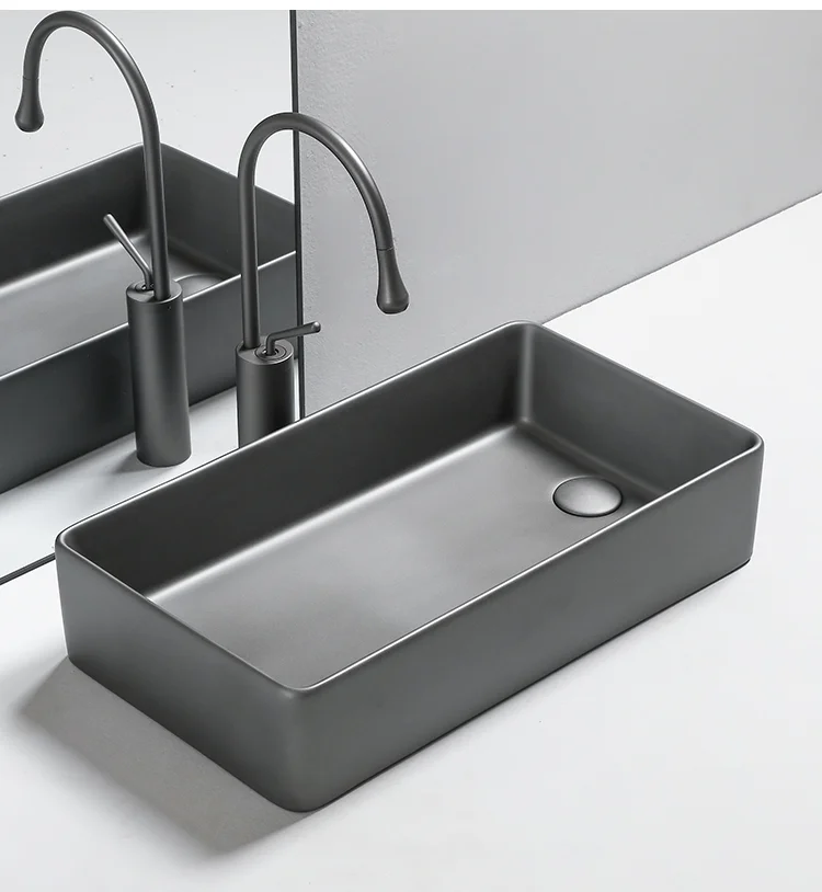 Gun Gray Black Metal Feeling Side Launching Table Basin Ceramic Wash Basin Face Wash Household Balcony Rectangular Wash Basin