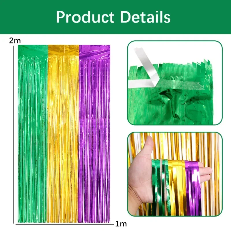 Mardi Gras Carnival Party Backdrops Decoration Green Gold Purple Rain Silk Foil Tinsel Curtain Hanging Holiday Party Wall Supply