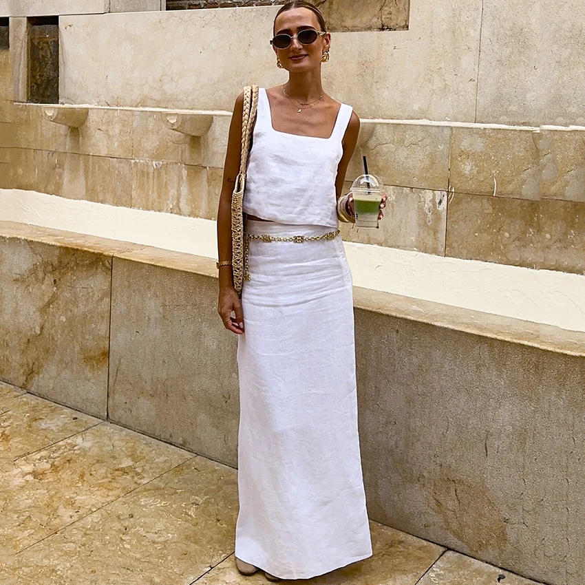 

Linad Элегантные костюмы с длинной юбкой из хлопка и льна 2026 Повседневный топ на бретелях с квадратным воротником и прямые юбки с высокой талией Комплекты из 2 предметов для женщин