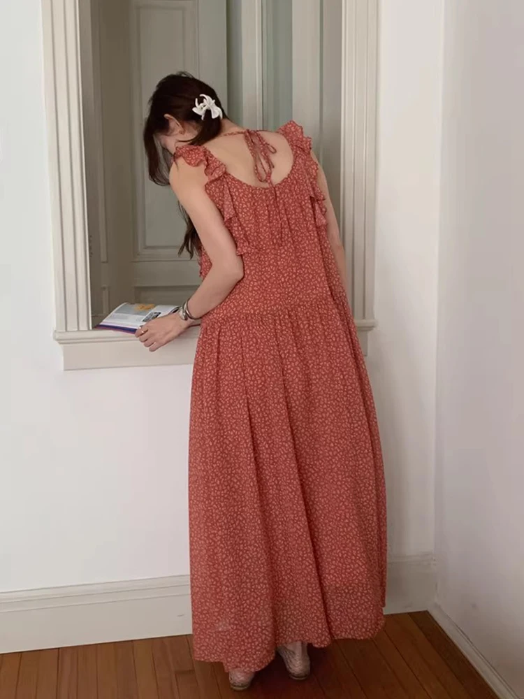 Retro Chic Sommer Floral Print Off Oulder Rüschen Saum Weste Dr frauen Lose Taille Koreanische Sle Langen Rock ohne Sve