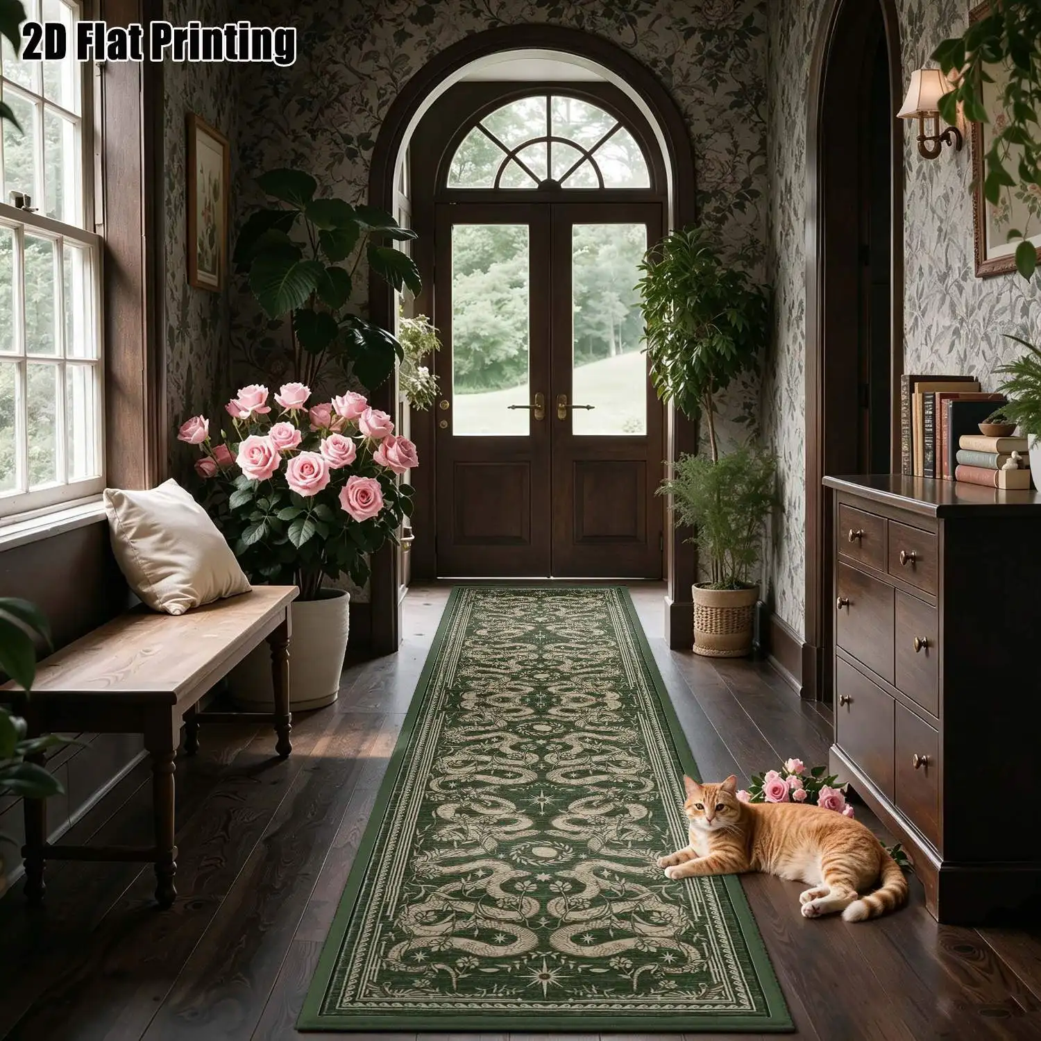 1Pc 2D Printed Long Strip Runner Carpet: Deep Green & White Dragon Pattern, European Retro Geometric Bohemian Style, Home Decor, Multiple Sizes, Machine Washable, for Entrance, Hallway, Living Room, Bedroom