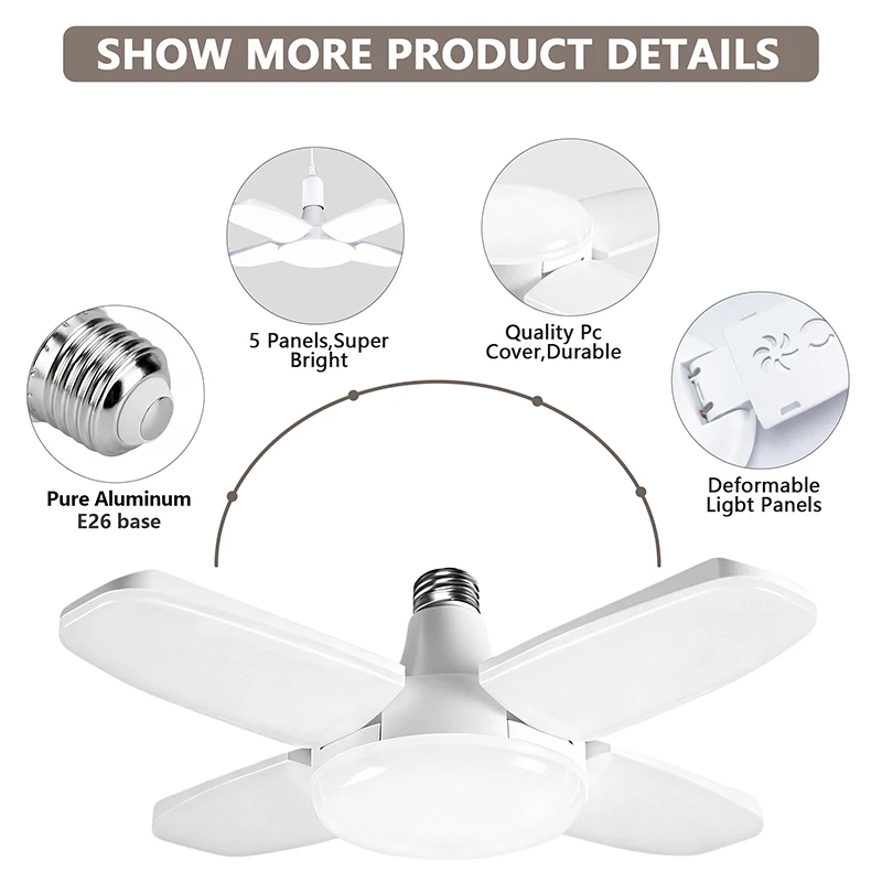 E27 Fan Foldable 28W LED Bulb AC85-265V Foldable LED Lamp Suitable For Desks Office Tables Warehouses And Garages