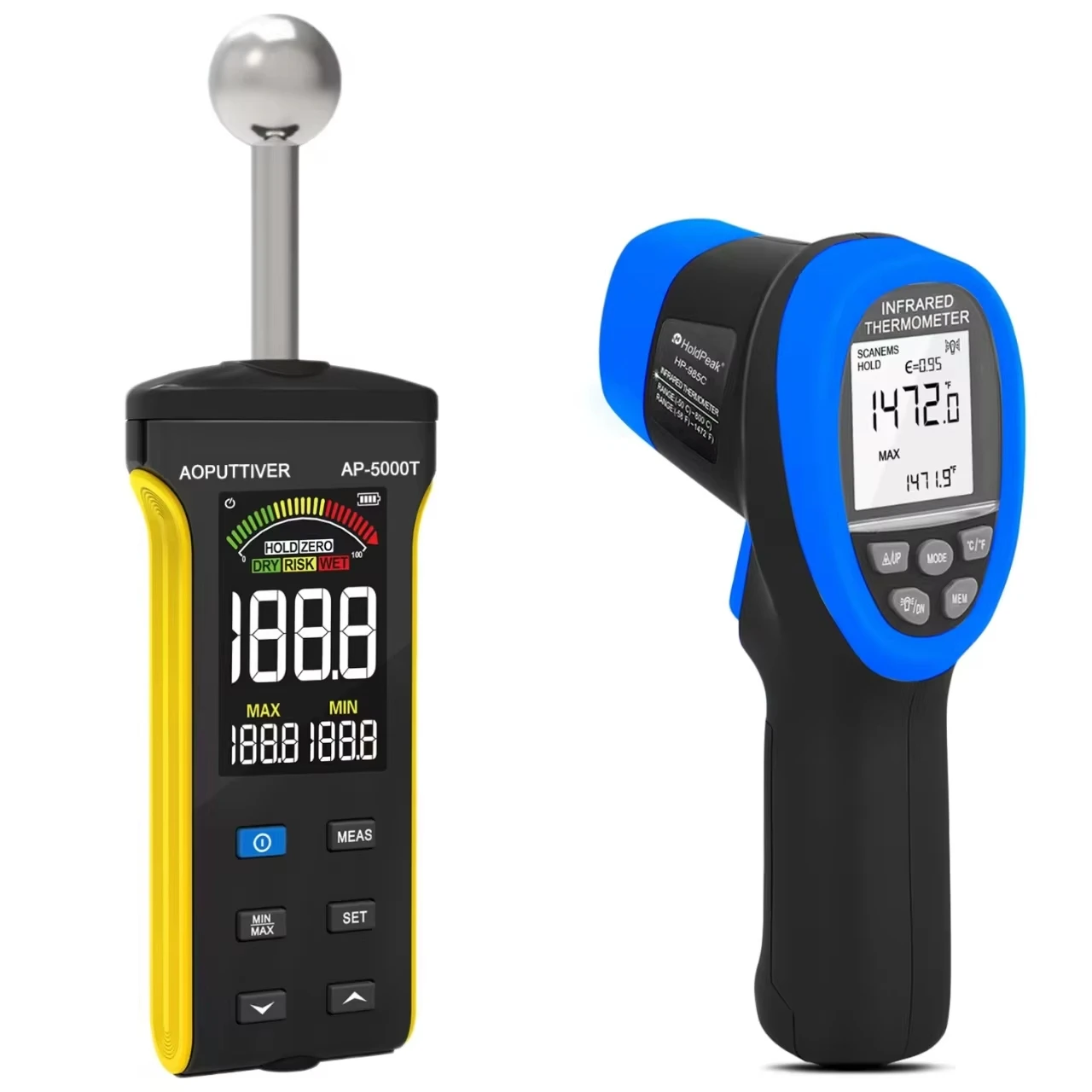 HP-5000T Moisture Meter & 985°C Thermometer with LCD Alarm for Precise Measurement of Masonry, Concrete, and Wood