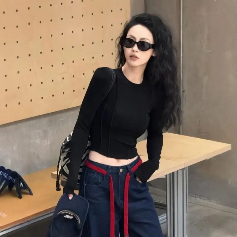 Temperamento corto simplicidad Tops manga larga sólido ajustado elegante camisetas juveniles primavera otoño nueva moda Sexy ropa de mujer