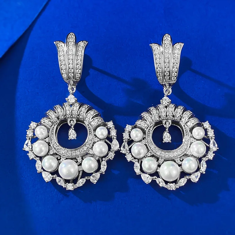 

S925 Silver Vintage Full Diamond Pearl Earrings, Female Style, Fashionable European and American Style Wholesale