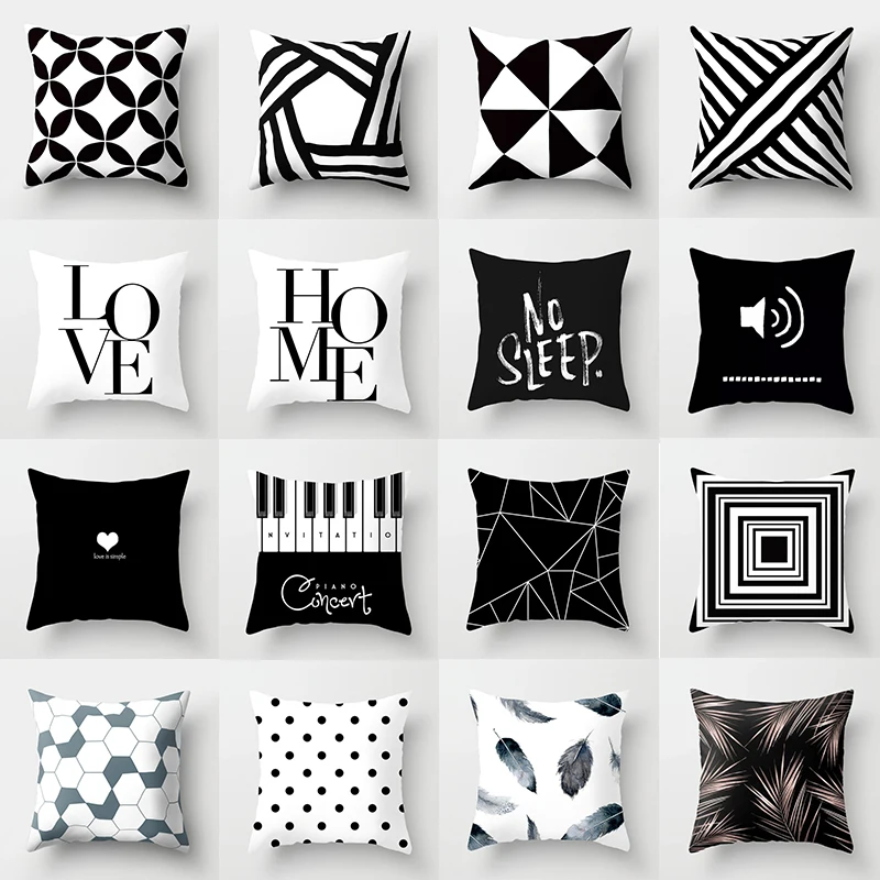 45x45cm black and white geometric stripe printed pattern polyester cushion cover for home living room sofa decorative pillowcase