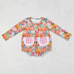 Wholesale Children Fall Romper Kids Toddler Pumpkin Flower Pocket Newborn Thanksgiving Baby Girl Long Sleeves Bubble Jumpsuit