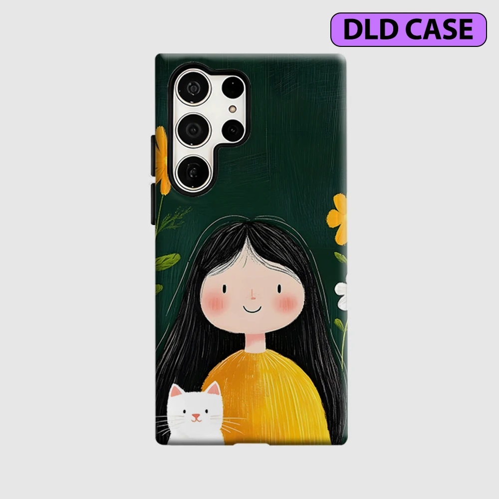 Girl & Cat Phone Case for Samsung Galaxy S26 S25 Ultra S24 S23 Ultra Plus Shockproof Double Layer Tough Back Cover