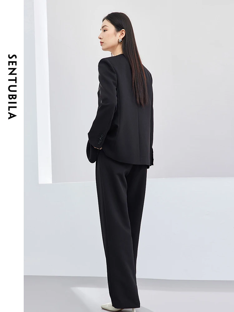 SENTUBILA 3 Piece Spring Blazer Suit Women Office Wear Outfits 2024 Fashion Black Waistcoat Blazer Wide Leg Pant Set 141Z53019