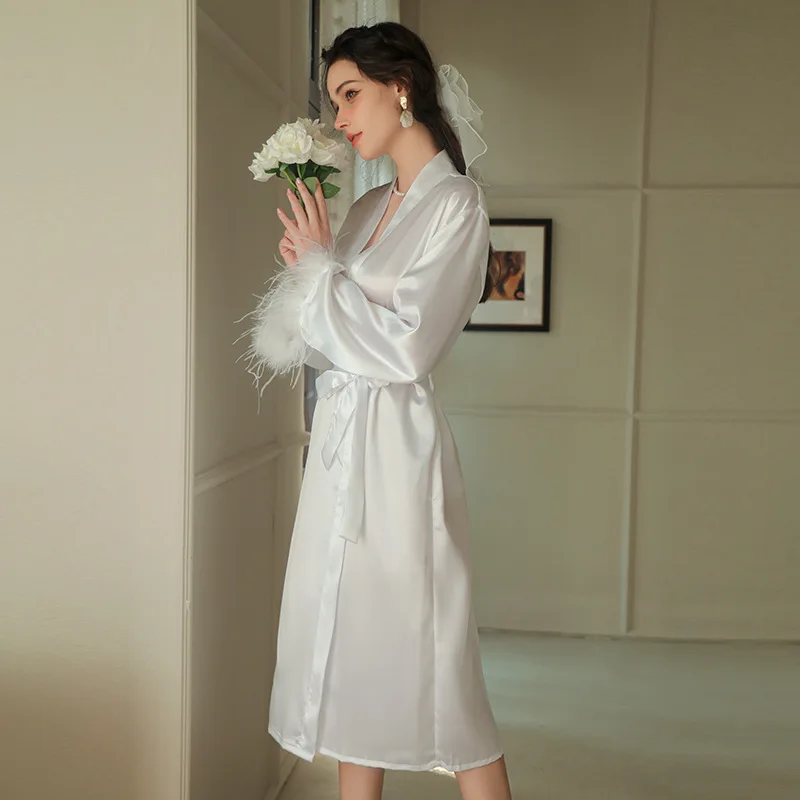 Sexy Feather Cuff Robe Women Bride Kimono Bathrobe Silky Satin Sleepwear Long Loungewear