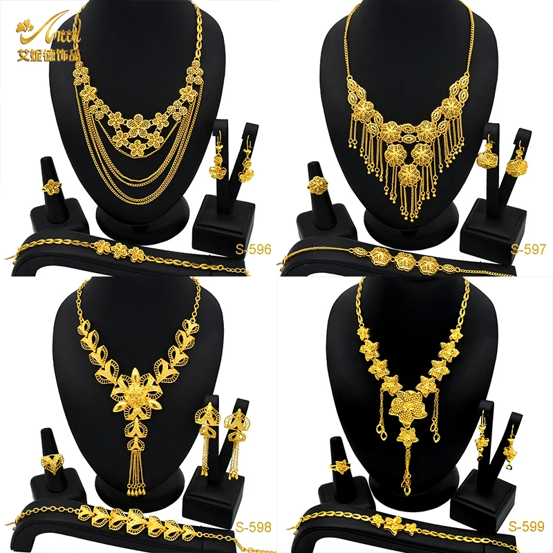 

ANIID Flower Pendant Tassel Necklace Jewellery Sets For Woman Wedding Anniversary Gifts Africa Dubai Gold Plated Jewelry