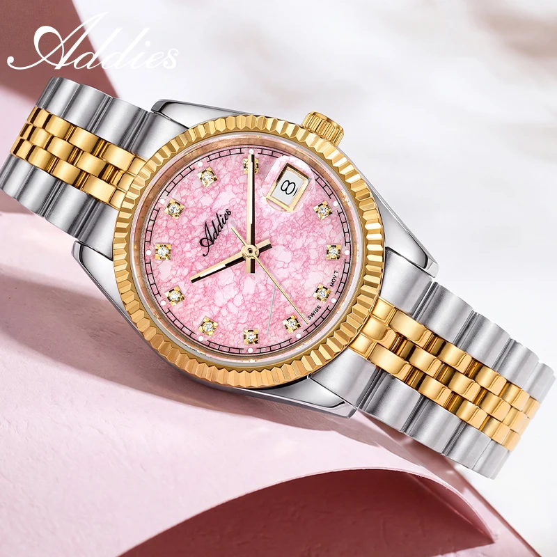 ADDIES Gold Hands Watch Lady Date Display Stainless Steel Ronda 585 Quartz Movement Watches Sapphire Glass BGW9 Super Luminous