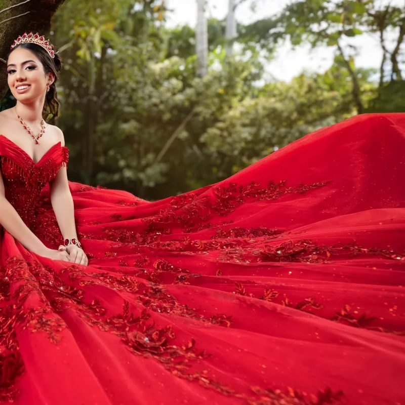 Robes De Quinceanera rouge brillant personnalisées, épaules dénudées, appliques en tulle, fleur 3D, dentelle De cristal, 15