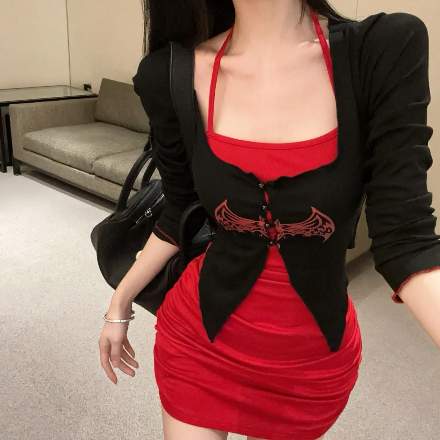 

Women Trendy Two-Piece Suit Red Halter Ruched Mini Dress and Black Gothic Cardigan Slim Fit Set Night Out Party Clubwear 2025