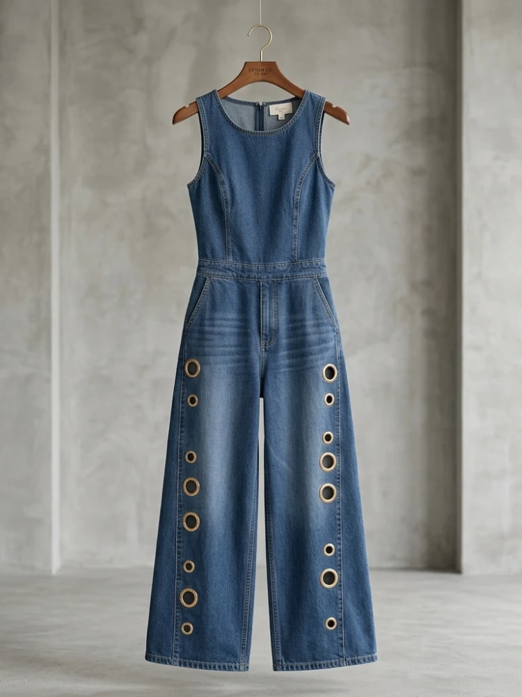 

Missuoo 2026 Summer American Retro Women's Jumpsuit Light Blue Sleeveless Metal Eyelet Wide Leg Denim Overalls for Street Style