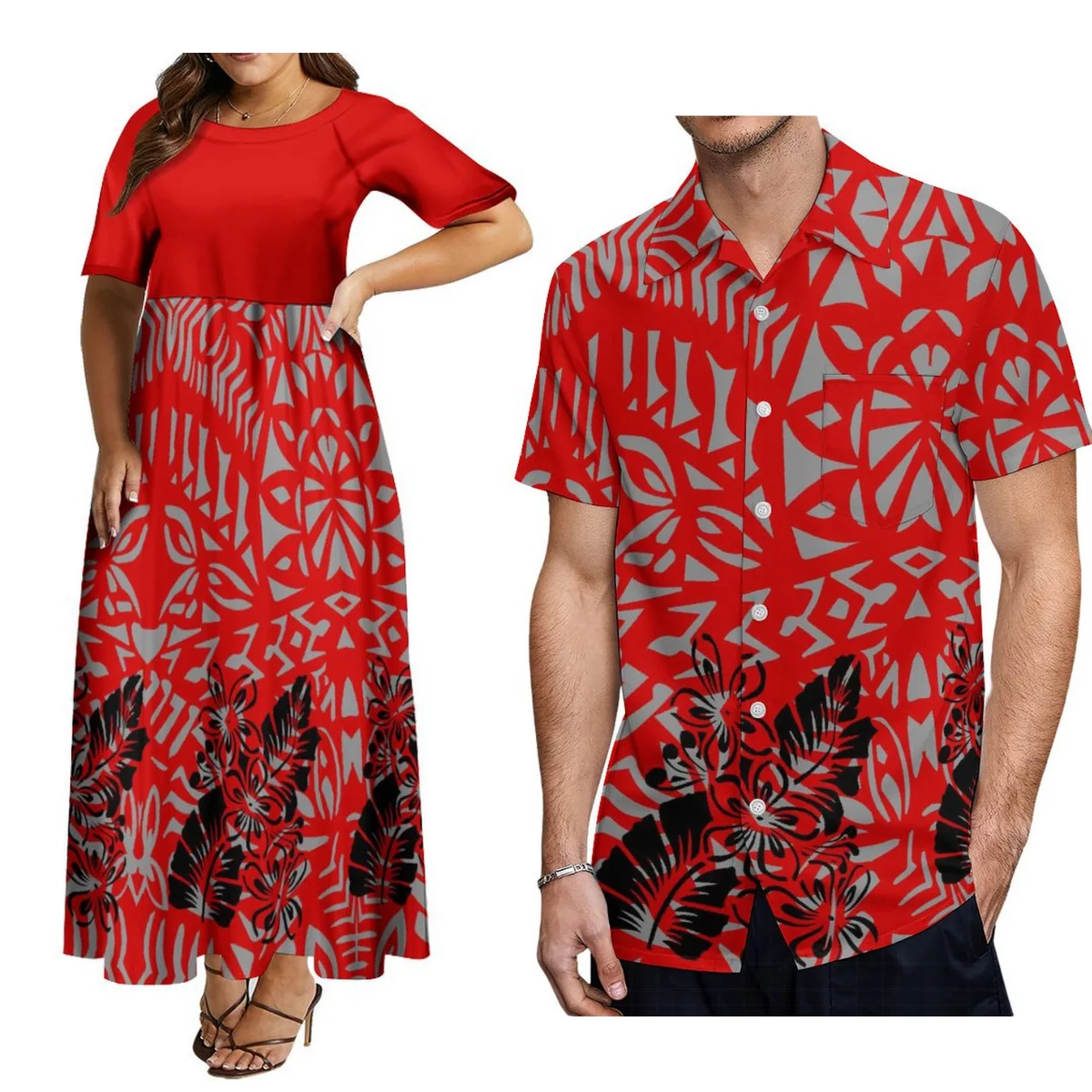 

Polynesian Match Couple Suit Women'S Crew Neck Dress Plus Size 8xl Elegant Dress And Men'S Button-Down Shirt Shipping Free