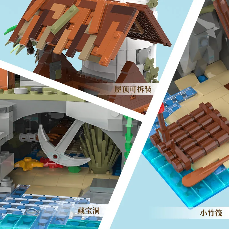 Creative Fisherman Cabin Lighthouse With Light Model Building Blocks Street View Island Fishing Village Mini Bricks MOC Toy Gift