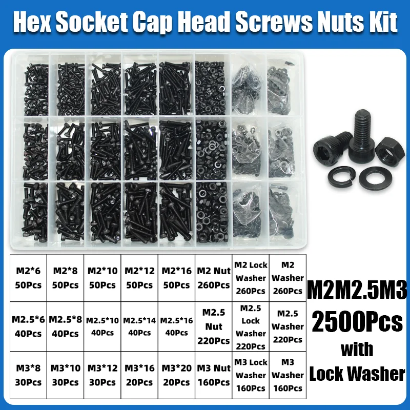 M2 M2,5 M3 M4 M5 M6 Innensechskant-Set Inbusschraube DIN912 Schwarz 12,9 Kohlenstoffstahl Schrauben Muttern Bolzen Unterlegscheibe Sortiment – Detail 6