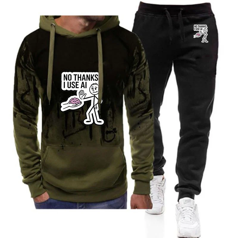NO THANKS I USE AI Funny Men's Spring And Autumn New Comfortable Gradient Color Hooded+Casual Pants Two Piece Suit Hoodies
